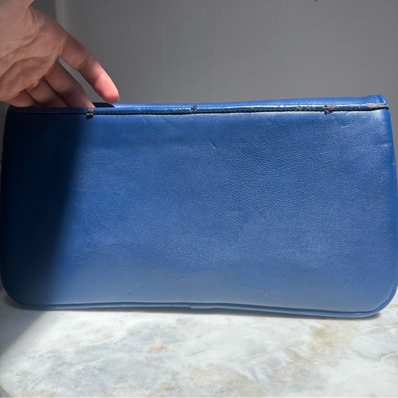Tory Burch Cobalt Blue Logo Clutch Bag With Removable Shoulder Strap Gold Accent